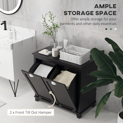 Double Tilt-Out Laundry Hamper Cabinet – 2-Compartment Wooden Laundry Organizer – Black Bathroom Storage Cabinet with Dual Removable Baskets