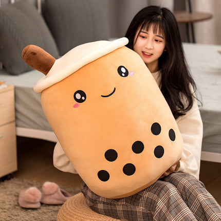 Cute Fruit Boba Tea Plush Pillow – Soft Strawberry Milk Tea Stuffed Toy – Kawaii Bubble Tea Cup Cushion for Kids & Teens (Pink/Brown)