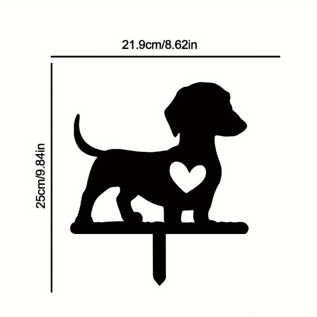 Dog memorial garden decoration featuring a heart-shaped cutout and rose detail