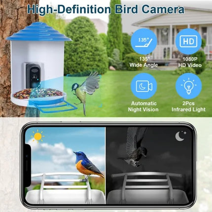 Smart Bird Feeder with Solar Powered Camera – 1080P HD Video & AI Bird Species Recognition – PIR Motion Detection & WiFi App Control