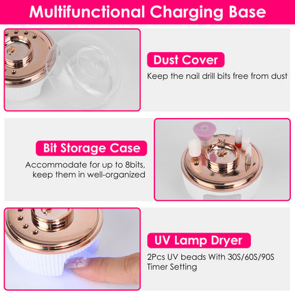 LuxeNail™ Portable E-File System – Integrated UV Dryer Base & Rechargeable Professional Drill