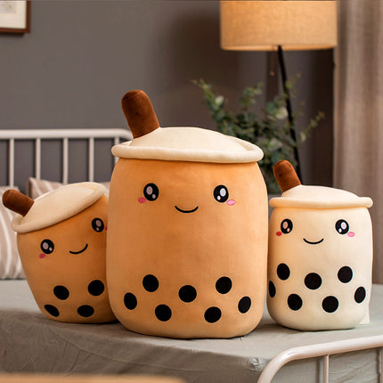 Cute Fruit Boba Tea Plush Pillow – Soft Strawberry Milk Tea Stuffed Toy – Kawaii Bubble Tea Cup Cushion for Kids & Teens (Pink/Brown)
