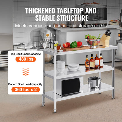 Silver stainless steel prep table with two adjustable undershelves