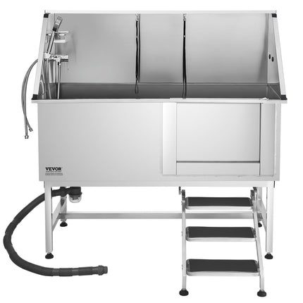 62-Inch Professional Dog Grooming Bath Tub – Heavy Duty Stainless Steel Pet Wash Station – Includes Walk-In Stairs & Water Filtration System