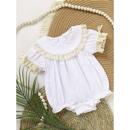 Baby Girl White Lace Smocked Romper – Vintage Floral Embroidery Bubble Jumpsuit – Elegant Wedding & Christening Outfit