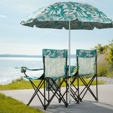Double Folding Camping Chair Set with Removable Umbrella – 2-Seater Picnic Chair with Built-in Cooler Bag & Cup Holders – Blue
