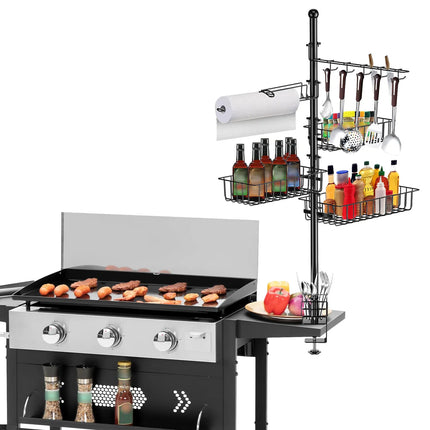 ProGrill™ Multi-Functional Griddle Caddy – All-in-One Standing BBQ Rack with Hooks & Storage Baskets