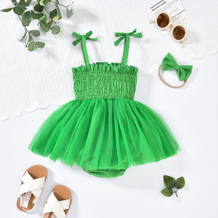 Baby Girl St. Patrick’s Day Tulle Romper Dress & Headband Set – Clover Embroidered Ruffle Sleeveless Jumpsuit