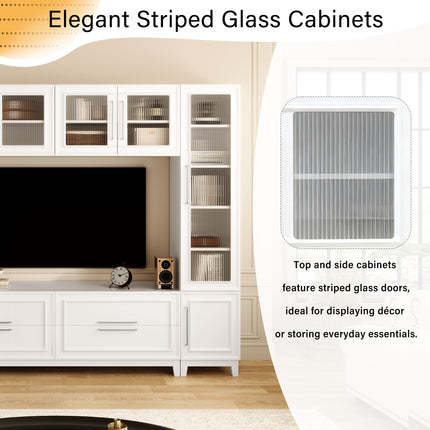 Vibe Haus 102" Modern White Entertainment Center – Large Wall Unit for TVs up to 75" – Minimalist Media Console with Glass Doors & Storage Drawer