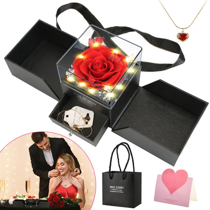 Preserved Real Red Rose with Heart Necklace – Eternal Flower Jewelry Box – Romantic Gift for Wife, Girlfriend, Mom on Anniversary & Valentine’s Day