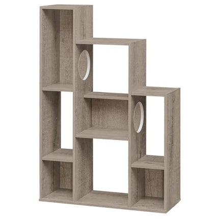 Multi-Level Cat Tree Bookshelf Cabinet – Gray Oak Wooden Pet Condo with 8 Storage Shelves for Living Room