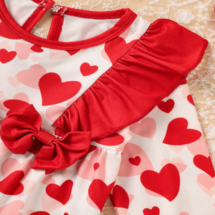 Baby Girl Valentine's Day Romper – Heart Print Long Sleeve Bodysuit with Ruffle Trim & Bow – Sweetheart Holiday Outfit