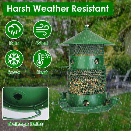 All-Metal Squirrel-Proof Bird Feeder – Chew-Proof Hanging Seed Dispenser with 360° Circular Perch & Integrated Water Cups – Heavy Duty Outdoor Feeder