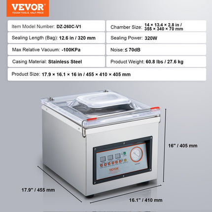 VEVOR Chamber Vacuum Sealer DZ-260C – Professional Packaging Machine for Liquid & Solid Food – Industrial Grade Food Saver