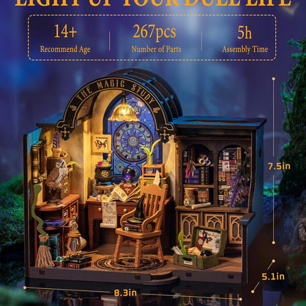 Robotime ROKR DIY Miniature House Kit – "Magic Study" Library – 3D Wooden Puzzle Room Kit with LED Lights – Creative Hobby Gift for Adults