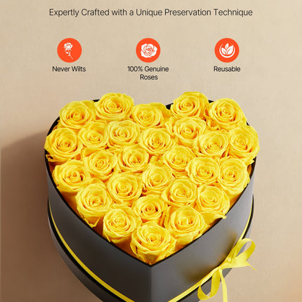 Forever Flowers – 27 Real Preserved Yellow Roses in Heart-Shaped Box – Eternal Roses for Anniversary, Valentine’s Day & Mother’s Day – Long-Lasting Luxury Gift