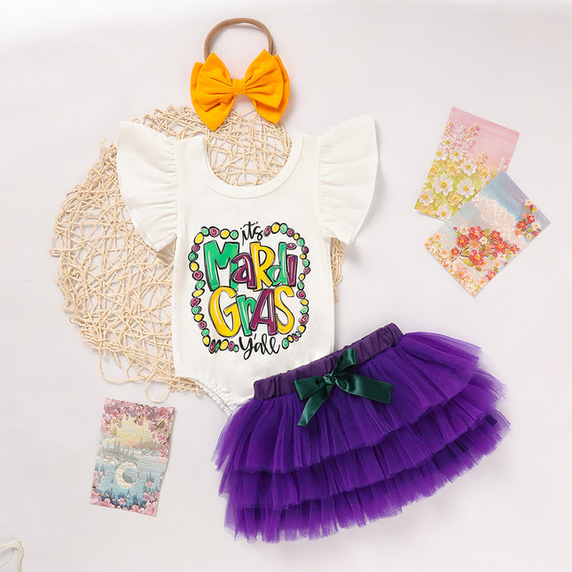 Baby Girl 3-Piece Tutu Set – Letter Print Onesie, Elastic Tulle Skirt & Bow Headband – Adorable First Birthday & Party Outfit