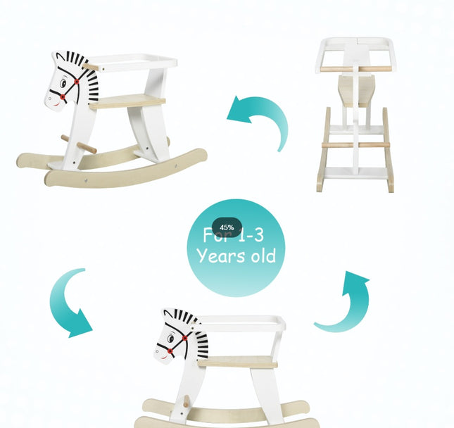 Classic Wooden Rocking Horse for Toddlers – Safe Traditional Ride-On Toy with Removable Safety Guard – White Nursery Rocker for Ages 1-3
