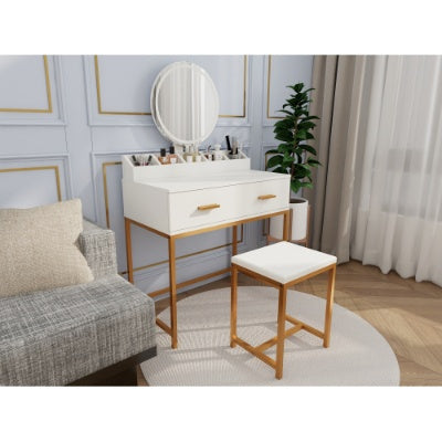 Aurora™ White & Gold Vanity Set – Compact Makeup Table with Mirror & Cushioned Stool