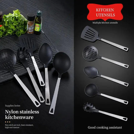 Premium Stainless Steel & Nylon Cooking Set – 5pcs Heat-Resistant Utensil Kit for Non-Stick Cookware