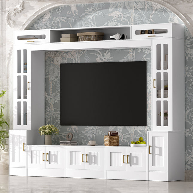 Minimalist White 98" Home Theater Wall Unit – High-Gloss Feel Media Center – Large Storage TV Unit with Tempered Glass & Customizable Shelving