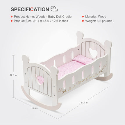 Robotime 2-in-1 Wooden Doll Cradle – Reversible Rocking Crib & Bed for 18-Inch Dolls – Premium Pretend Play Doll Furniture