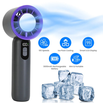 Handheld Turbo Fan with Ice Cooling Plate – 100-Speed Stepless Adjustment – 3000mAh Rechargeable Portable Fan with LCD Display – White