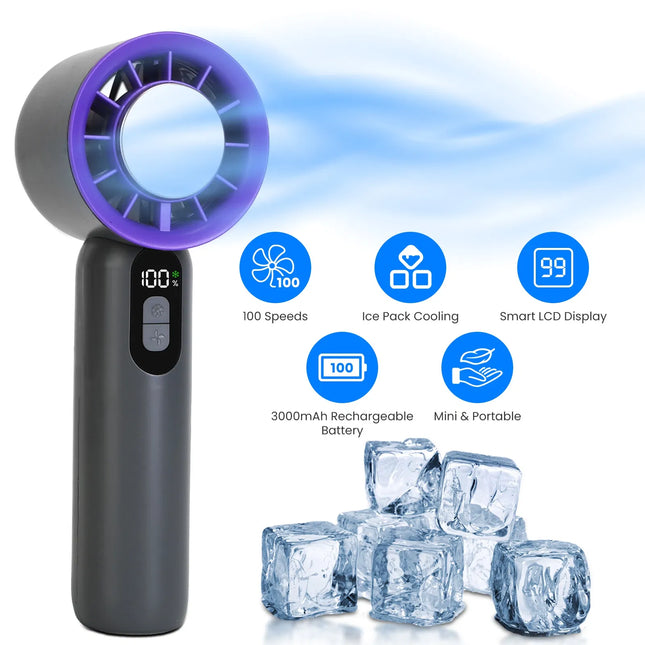 Handheld Turbo Fan with Ice Cooling Plate – 100-Speed Stepless Adjustment – 3000mAh Rechargeable Portable Fan with LCD Display – White