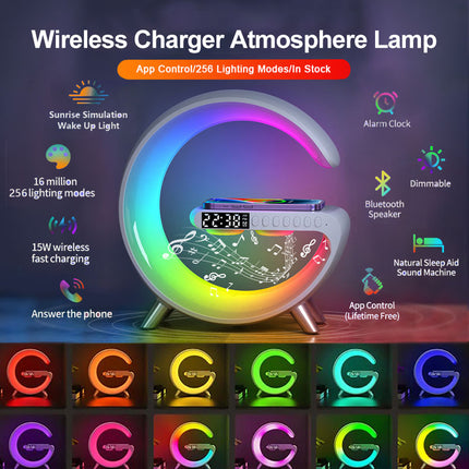 4-in-1 Smart G-Shape LED Atmosphere Lamp – Fast Wireless Charger, Bluetooth Speaker, & Sunrise Wake-Up Light – App Control RGB Nightstand Lamp