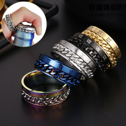 Roman Numeral Spinner Ring for Men – Rotatable Chain Titanium Steel Ring – Multifunctional Bottle Opener & Stress Relief Jewelry – Punk Style Gift