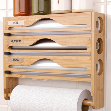 3-in-1 Sustainable Bamboo Cling Film & Foil Dispenser – Wall-Mounted Organizer with Paper Towel Holder