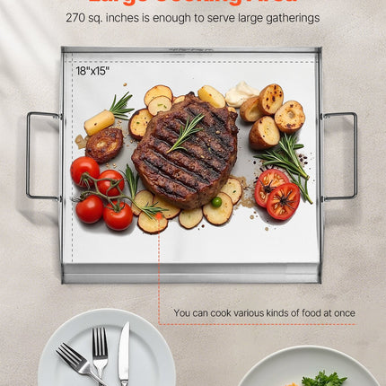 Universal Flat Top Grill Plate – High-Polished Stainless Steel Griddle for Burgers, Hibachi & Breakfast – 18 x 16 Inch