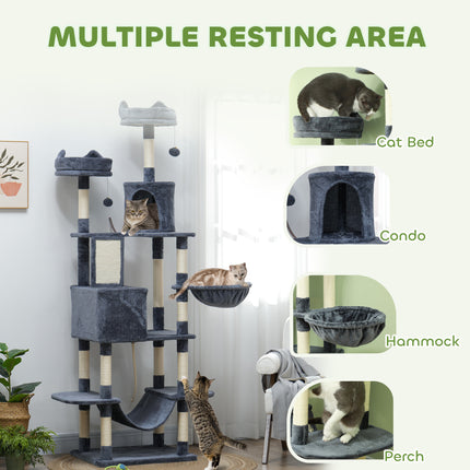 81" Giant Cat Tree Tower – Multi-Level Cat Condo with Scratching Posts & Board – Luxury Cat Furniture with Hammocks, Beds, and Toy Balls (Grey)