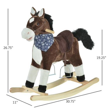 Plush Cowboy Rocking Horse – Wooden Ride-On Toy with Realistic Neighing & Galloping Sounds – Soft Brown Pony for Toddlers 3-6 Years