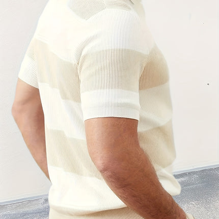 Men's Slim Fit Short Sleeve Polo Sweater – Lightweight Acrylic Knit Top – Stylish Color Block Lapel Shirt – Perfect for Summer Casual & Smart Casual Wear