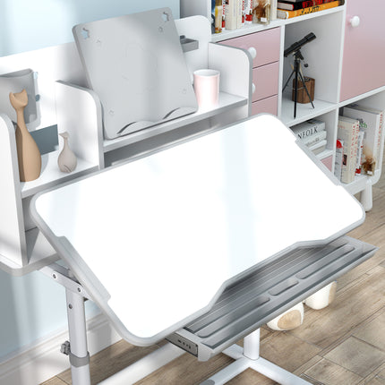 Height Adjustable Kids Desk and Chair Set – Ergonomic Study Table with Tilted Desktop – Large Storage Drawer & Reading Stand – Grey Children’s Workstation