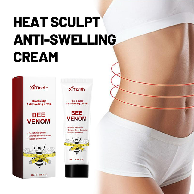 Heat Sculpt 30g cream tube and carton beside a waist-area application graphic