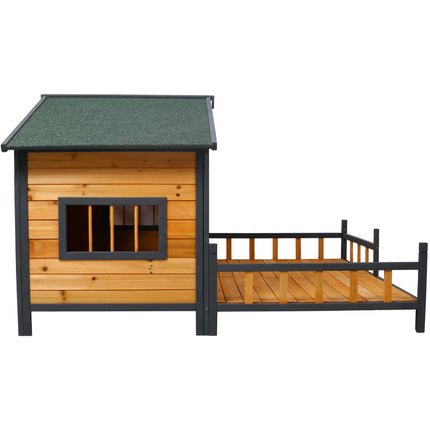 XL Double Wooden Dog House with Front Porch – Large Outdoor Pet Kennel with Elevated Floor – Weatherproof Twin-Room Dog Villa (Natural Wood)