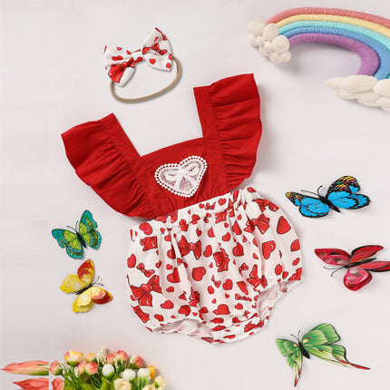 Baby Girl Heart & Bow Print Romper – Pink Ruffle Trim Bodysuit – Sweetheart Long Sleeve One-Piece for Infants