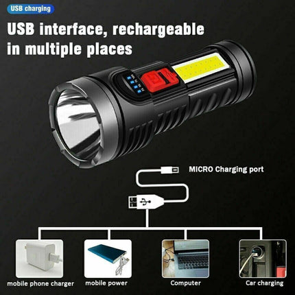 Ultra-Bright Rechargeable LED Flashlight – 4 Lighting Modes with COB Side Light – Portable USB Tactical Torch for Camping, Hiking & Emergency