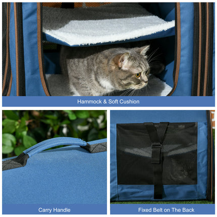 39" Portable Double Cat Carrier – Extra Large Two-Compartment Travel Crate with Divider – Foldable Soft-Sided Dog Kennel with Plush Cushions (Blue)