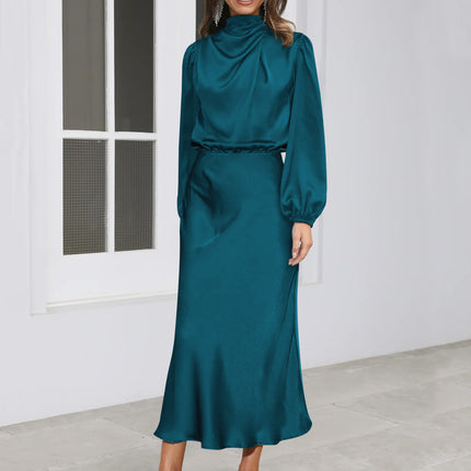 Women's Long Sleeve Matte Satin Midi Dress with Elastic Waist