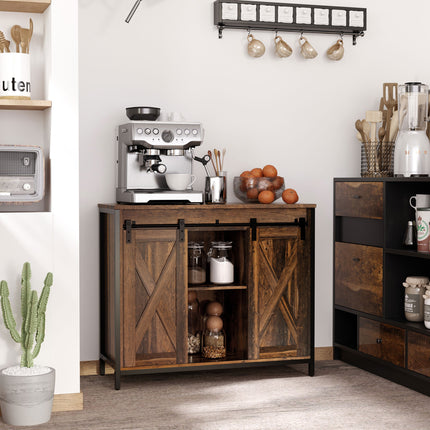 Industrial Sliding Barn Door Sideboard – Rustic Brown Buffet Cabinet with Adjustable Shelves for Kitchen, Dining & Living Room