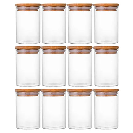 12-Piece Round Glass Spice Jar Set with Airtight Bamboo Lids – Elegant Kitchen Storage Trio for Herbs, Spices & Tea