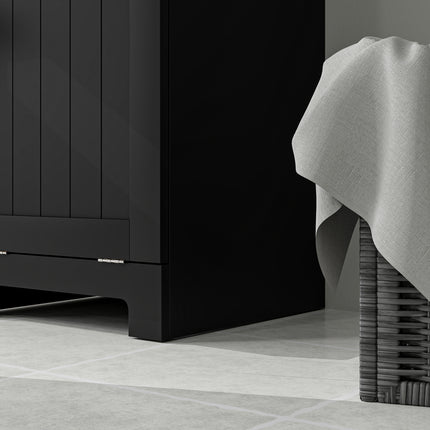 Tilt-Out Laundry Hamper Cabinet – Wooden Bathroom Storage Organizer with Drawer and Removable Basket – Elegant Black Finish