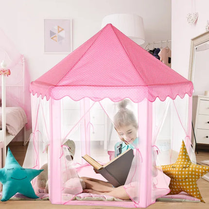 Princess Castle Play Tent for Girls – Large Hexagon Kids Playhouse with Starry Tulle Curtains – Indoor & Outdoor Fairy Tale Secret Base