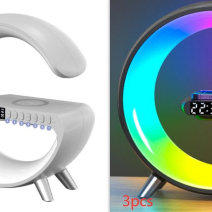 5-in-1 Smart G-Shaped LED Lamp – Bluetooth Speaker & 15W Fast Wireless Charger – RGB Atmosphere Night Light with APP Control