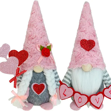 Valentine's Day Gnomes Decorations – Pink Plush Scandinavian Tomte Elf – Heart-Themed Tiered Tray Decor for Home – Romantic Gifts for Her