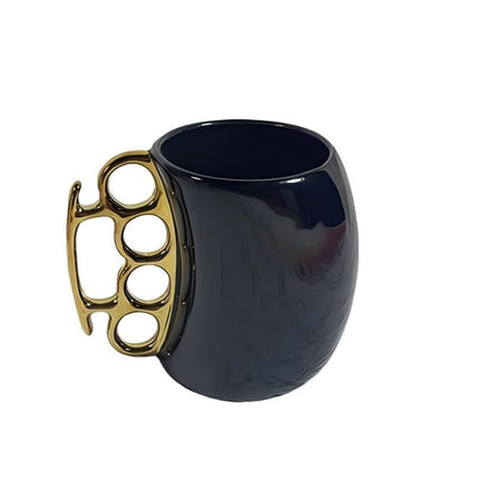 Novelty Brass Knuckle Coffee Mug – Ceramic Mug with Metallic Knuckle Handle – Unique Funny Gift for Christmas & Birthdays – 12oz Black/White Office Mug