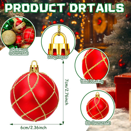24pcs Christmas Ball Ornaments Set – Red, Green & Gold Shatterproof Xmas Tree Decorations – Hanging Baubles for Holiday, Party & Anniversary Decor